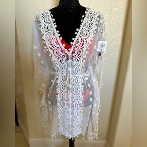 White Sheer Cover-Up with Pom Pom Trim